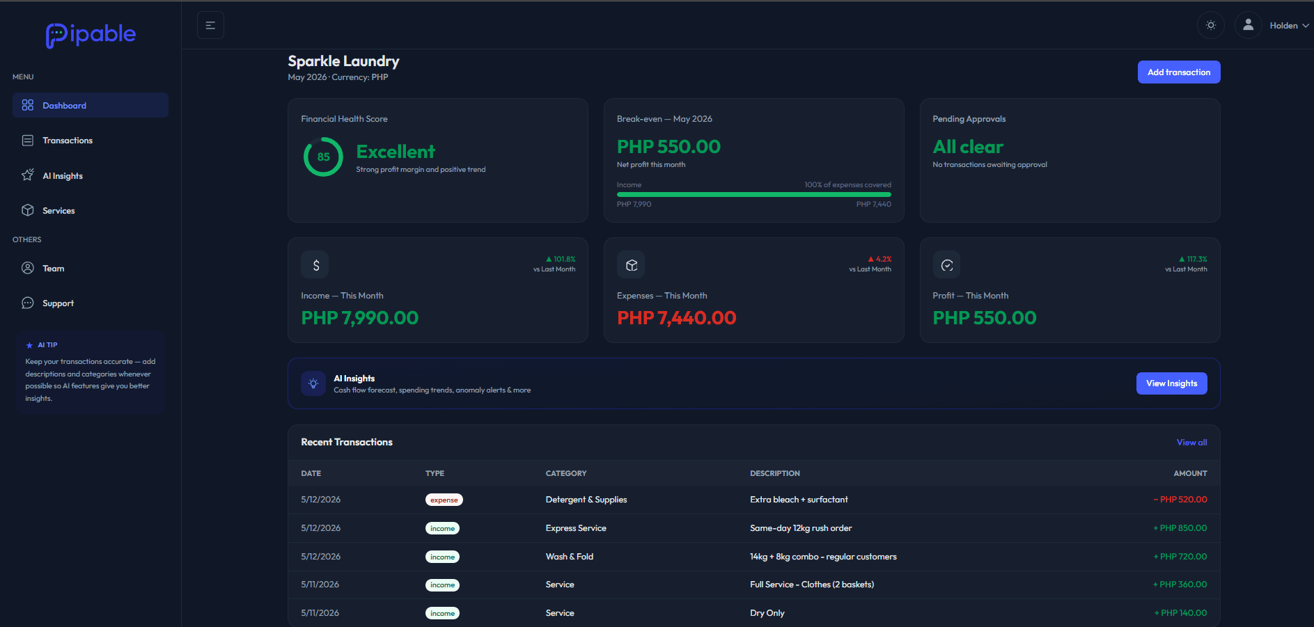 Pipable dashboard preview showing health score, monthly totals, and recent transactions